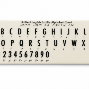 Braille alphabet chart with UEB Braille, raised tactile letters, numbers, and symbols